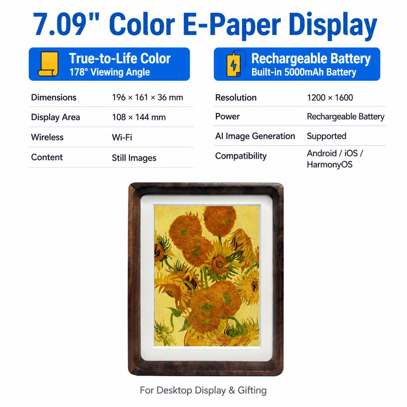 ROCKBASE AI E-Paper 7.09" 6 Color E-Paper Digital Photo Frame with AI Art